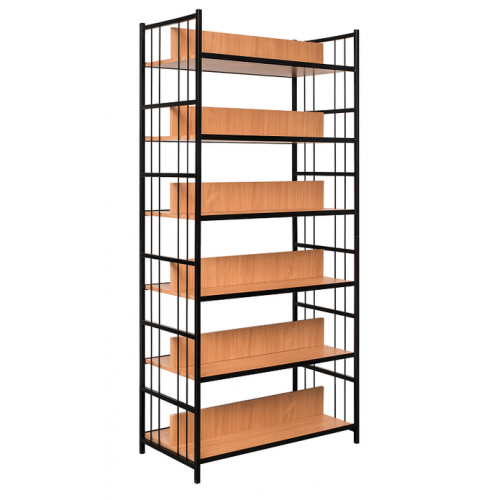 Regały na metalowej konstrukcji z przegrodą po środku