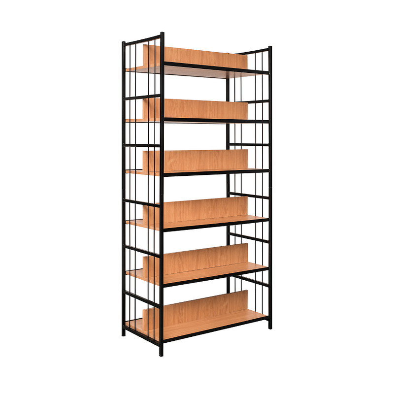 Regały na metalowej konstrukcji z przegrodą po środku